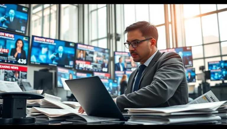 أخبار العرب: صحفي مشغول بتغطية آخر الأحداث في غرفة أخبار حديثة.