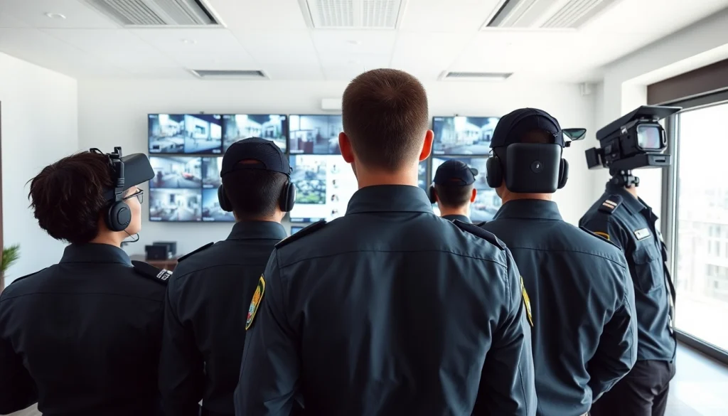 Security Company personnel monitoring surveillance screens in a corporate setting.