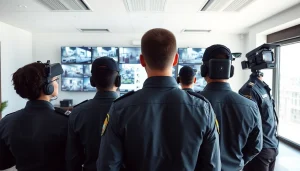 Security Company personnel monitoring surveillance screens in a corporate setting.