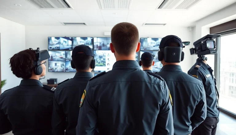 Security Company personnel monitoring surveillance screens in a corporate setting.