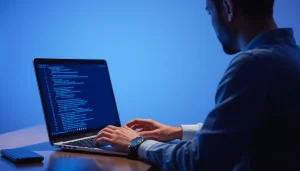 Desenvolvimento de Site: desenvolvedor criando um site em laptop com tela de código.