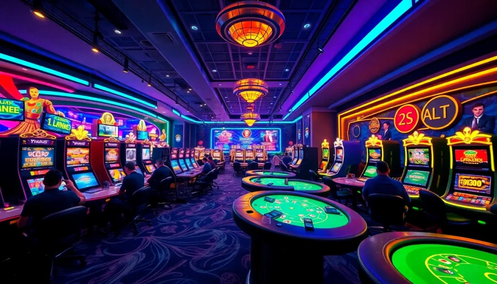 The engaging gaming scene at https://xx88.pizza/ with vibrant colors, excited players, and various casino games.