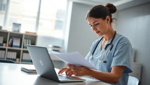 Nurse analyzing nursing theory with documents in a bright, modern healthcare workspace.
