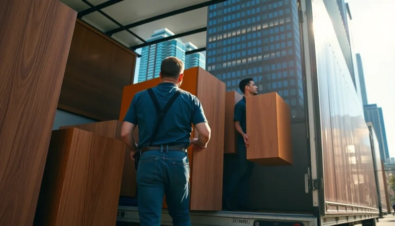 Movers from a Toronto moving company skillfully lifting furniture onto a moving truck in a busy city setting.