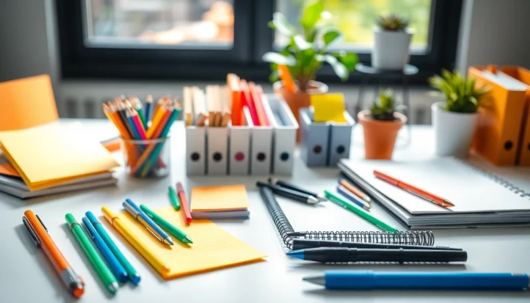 Browse vibrant office stationery supplies arranged elegantly on a bright desk.