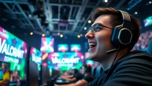 Engage with the ultimate valorant download featuring a professional gamer in an esports arena.