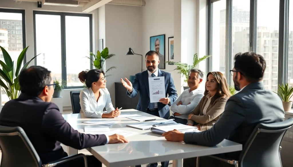 Engaged financial advisor San Antonio discussing strategies with diverse clients in a bright office.