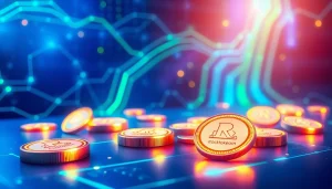 Invest in the future with glowing digital tokens representing Rocktoken.com in a vibrant setting.