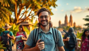 Capture the essence of travel with a joyful traveler at https://travelvixta.com in an exotic landscape.