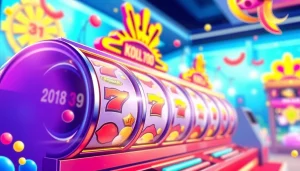 Menampilkan antarmuka permainan koi800 game yang ceria dengan gulungan berputar dan simbol menarik.