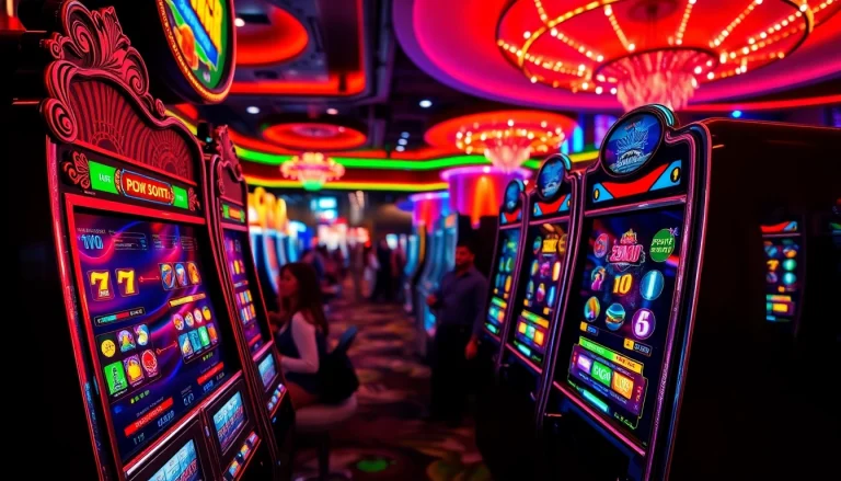 Mesin slot berwarna-warni yang menarik perhatian di kasino dengan pelanggan yang menikmati permainan.