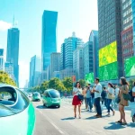 Showcase of innovative Technology use in a vibrant urban setting featuring eco-friendly systems.