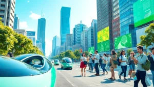 Showcase of innovative Technology use in a vibrant urban setting featuring eco-friendly systems.