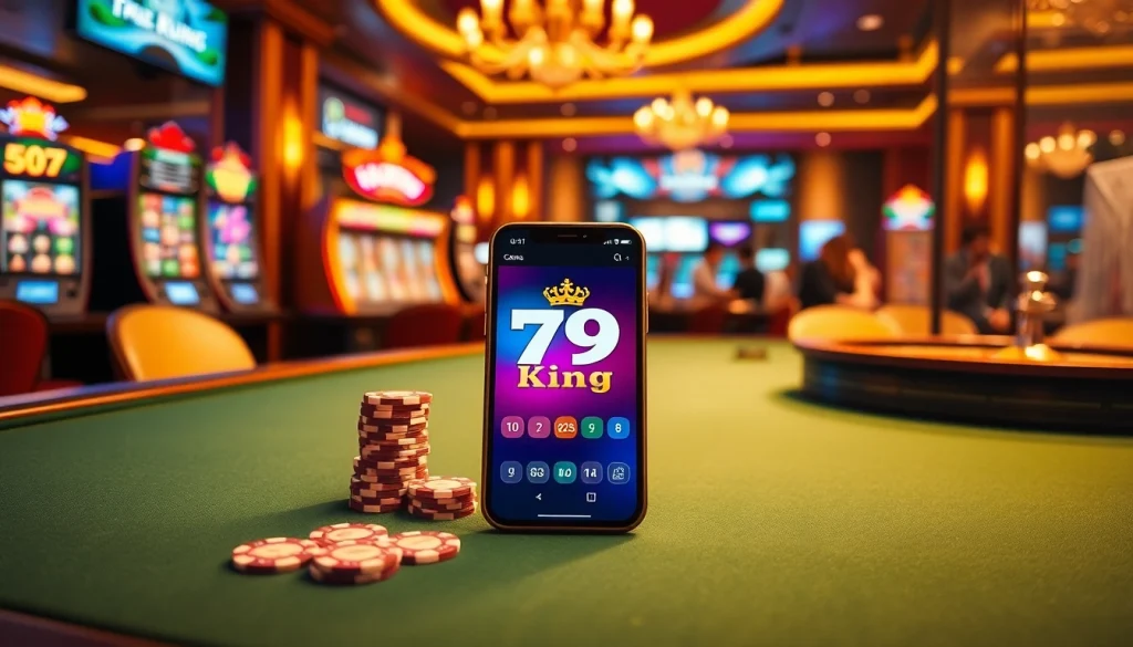 The 79king app interface displayed on a smartphone amid an exciting casino environment with poker chips and vibrant slot machines.