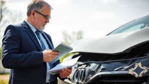 Unfall Auto Gutachter inspiziert ein beschädigtes Fahrzeug vor Ort, um ein präzises Gutachten zu erstellen.