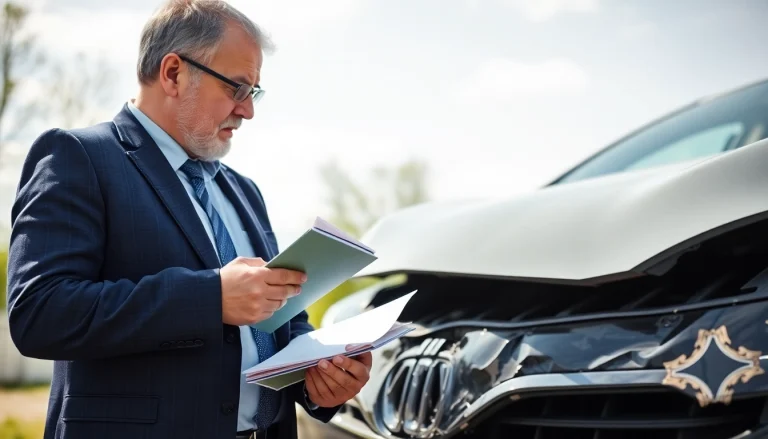 Unfall Auto Gutachter inspiziert ein beschädigtes Fahrzeug vor Ort, um ein präzises Gutachten zu erstellen.