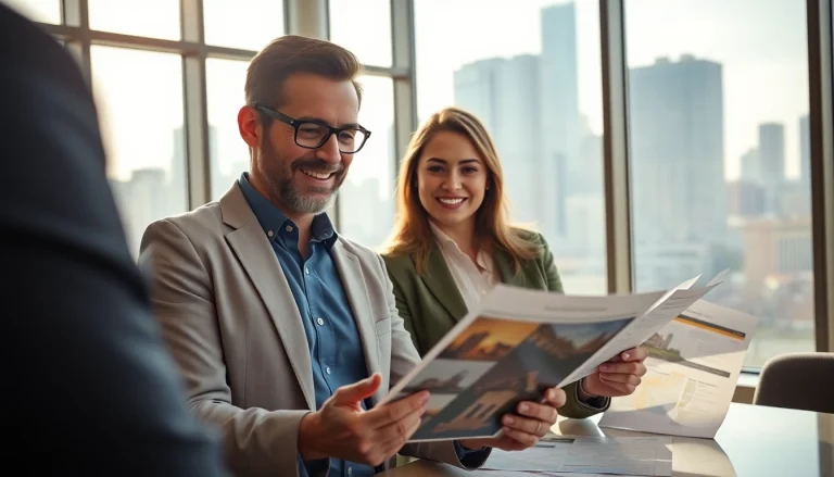 Showcase real estate professional discussing property listings with clients in a bright office.