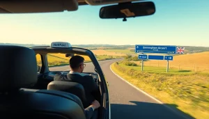 Traveling in a taxi from Nottingham to Birmingham Airport while enjoying scenic views along the way.