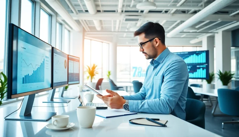 79king digital marketing expert analyzing data in a bright modern office space.