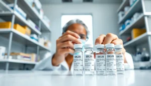 HGH FOR SALE featured in a healthcare setting with vials and medical equipment.