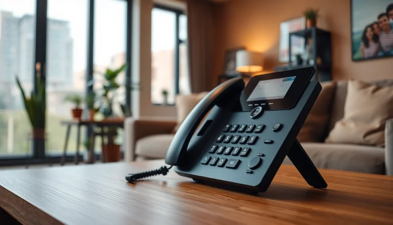 Engaging VoIP phone in a modern home office setup with warm lighting.