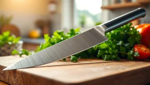 Showcasing a chef’s knife NZ with vibrant vegetables on a cutting board.