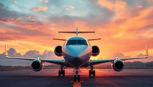 Catch a glimpse of https://flymarquis.com with a luxury private jet ready for takeoff against a breathtaking sunset.