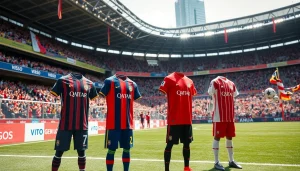 Showcase of vibrant football kits on display at an exciting soccer match scene.