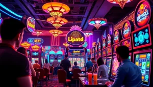 Permainan lipat4d slot yang menarik dalam suasana ceria dengan mesin berwarna-warni.