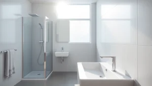 Admire the modern Sirhona shower cabin with LED lighting in a beautifully designed bathroom.