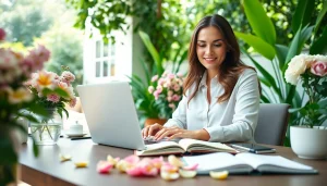 Engaging workspace at https://www.lyliarose.com featuring a professional woman amidst floral arrangements.
