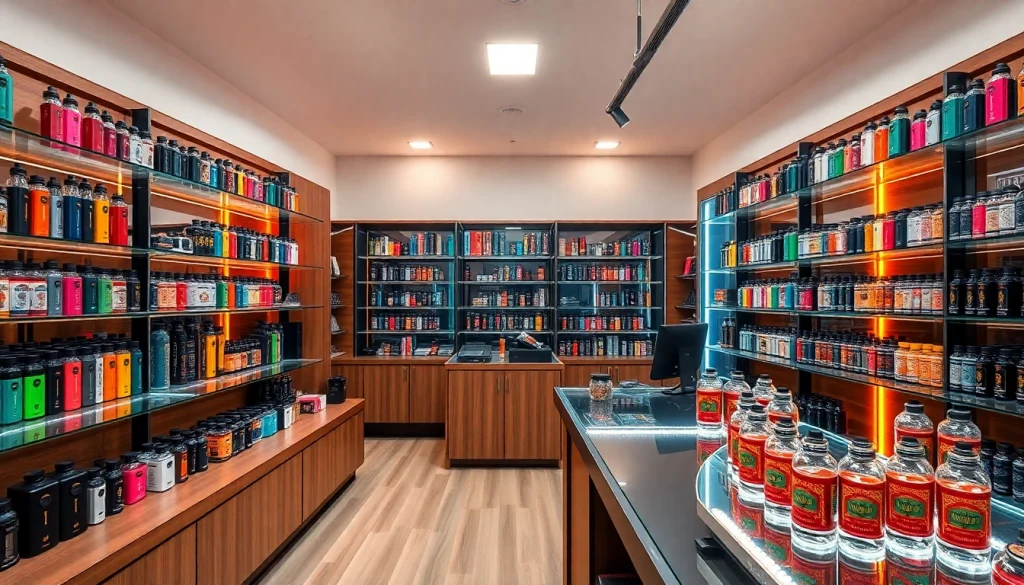 Vape-Shop-Interior mit bunten Vape-Geräten und einladender Atmosphäre