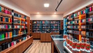 Vape-Shop-Interior mit bunten Vape-Geräten und einladender Atmosphäre