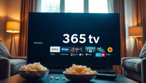 365tv의 멋진 사용자 인터페이스가 있는 현대적인 TV 장면을 보여줍니다.