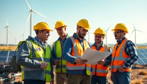 Workers collaborating in the skilled labor for energy sector amidst renewable energy facilities.