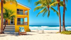 Relax at the coastal cabana by the beach with palm trees and lounge chairs.