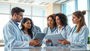 Engaging discussion among professionals at https://www.medexdtc.com in a modern healthcare workspace.