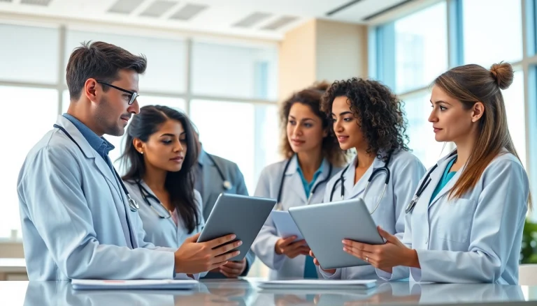 Engaging discussion among professionals at https://www.medexdtc.com in a modern healthcare workspace.
