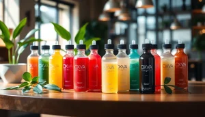 Oxva Liquid in stylish bottles displayed on a wooden table among greenery.