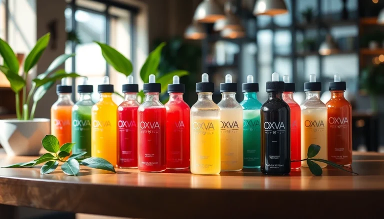 Oxva Liquid in stylish bottles displayed on a wooden table among greenery.
