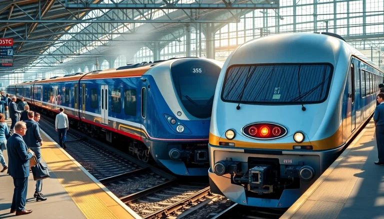 Railway company operations at a busy station with sleek trains and engaged passengers.