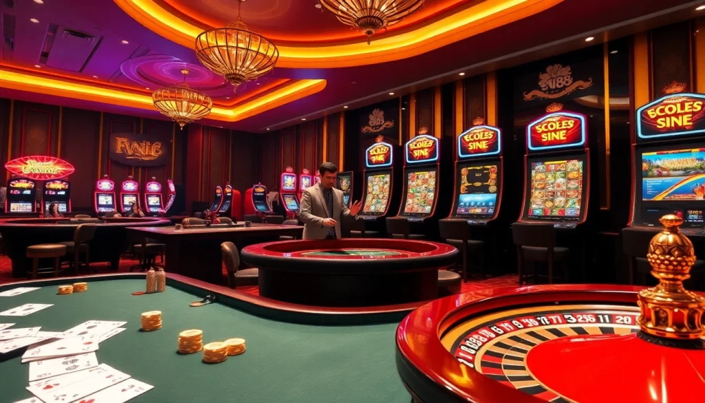 Experience thrilling online gaming at EV88 casino with vibrant tables and slot machines.