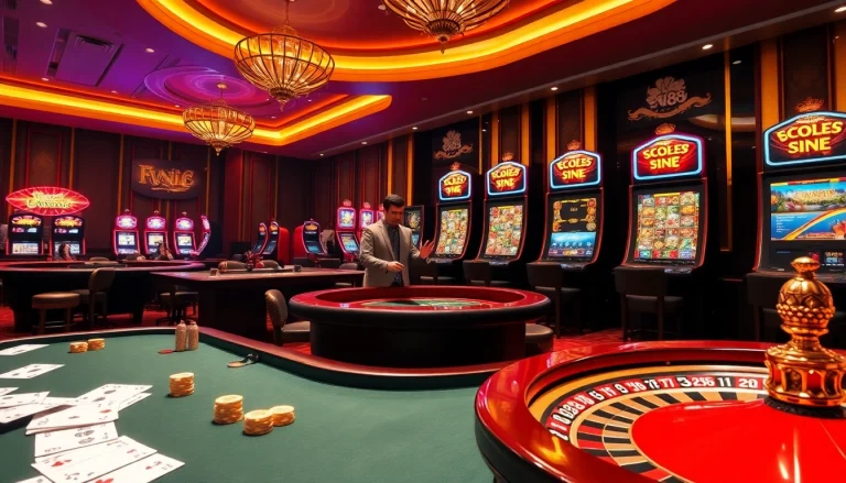 Experience thrilling online gaming at EV88 casino with vibrant tables and slot machines.