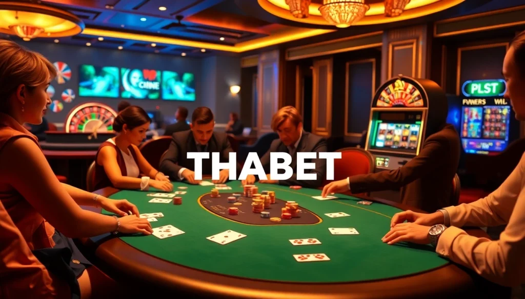 Players engaging in a thrilling poker game at THABET casino, showcasing high-stakes excitement.