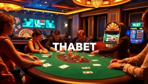 Players engaging in a thrilling poker game at THABET casino, showcasing high-stakes excitement.
