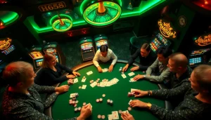 Experience thrilling poker action at HB 88 with engaged players and vibrant poker chips.