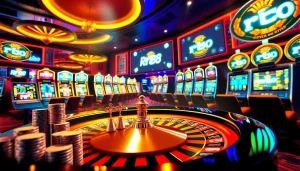 Experience the thrill of rr88 with colorful slot machines and a sparkling roulette wheel in an upscale casino.