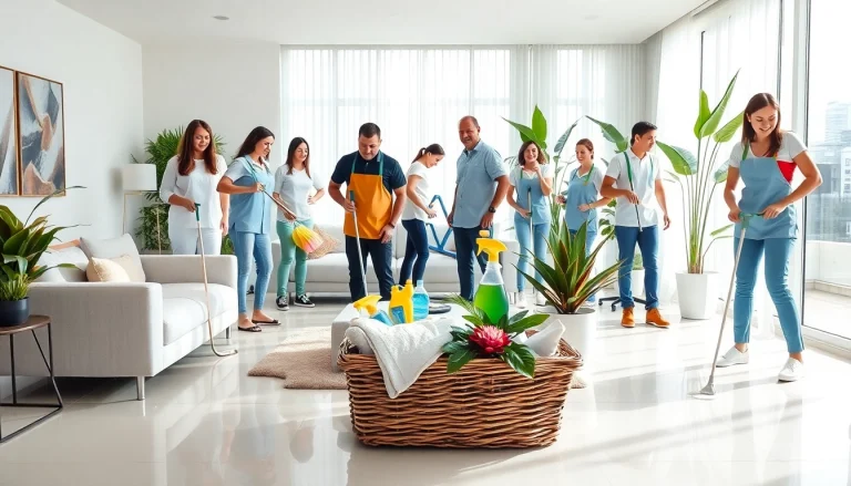 Cleaning service team efficiently organizing a bright living room with a welcoming atmosphere.