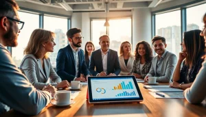 Engage in collaborative business discussions during a meeting with diverse colleagues.