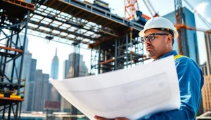 New York Construction Manager assessing plans at a construction site in New York City.